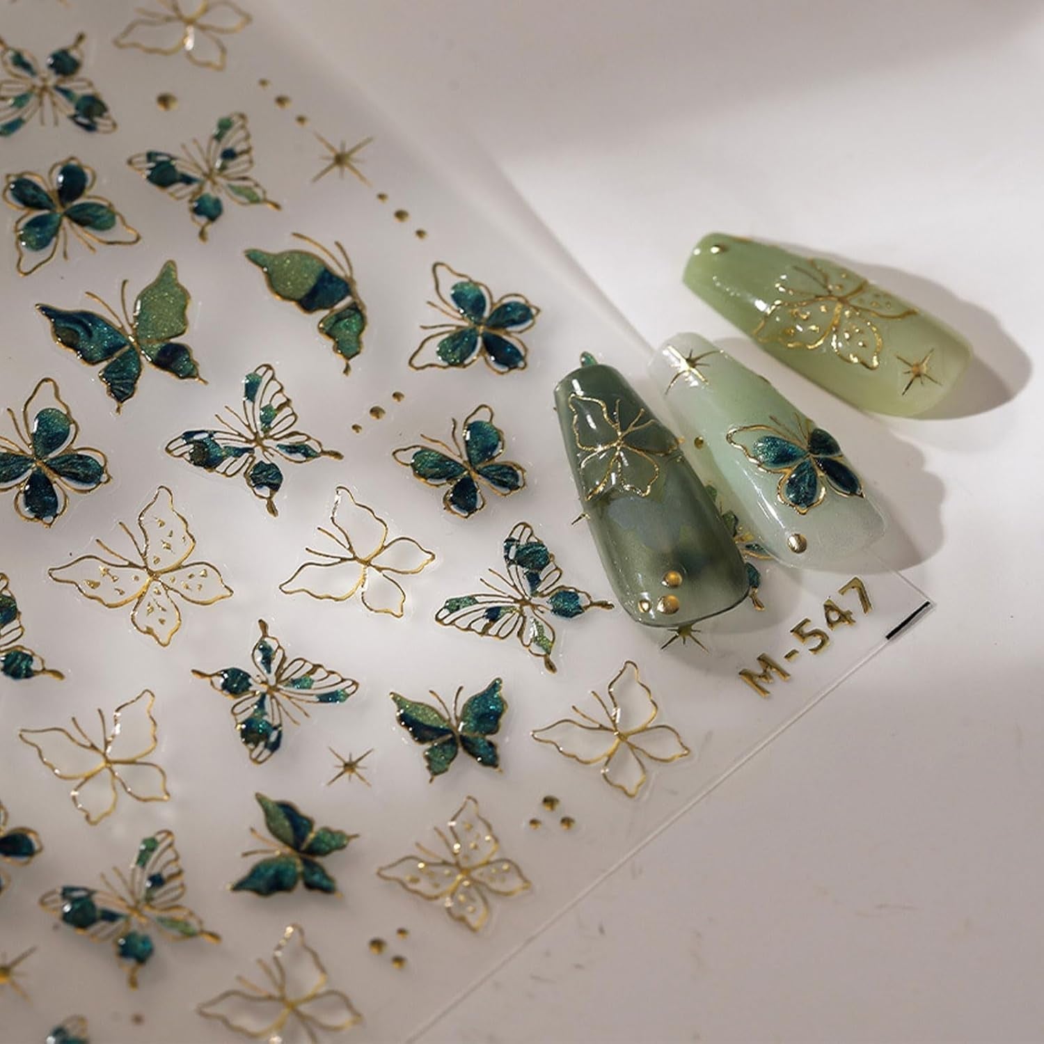 JMEOWIO 3D Nagelsticker Grün Gold Schmetterling Nail Art Sticker Selbstklebend Nagelaufkleber 5D Stereoskopisch Dekoration Nageldesign Zubehör 1 Blatt