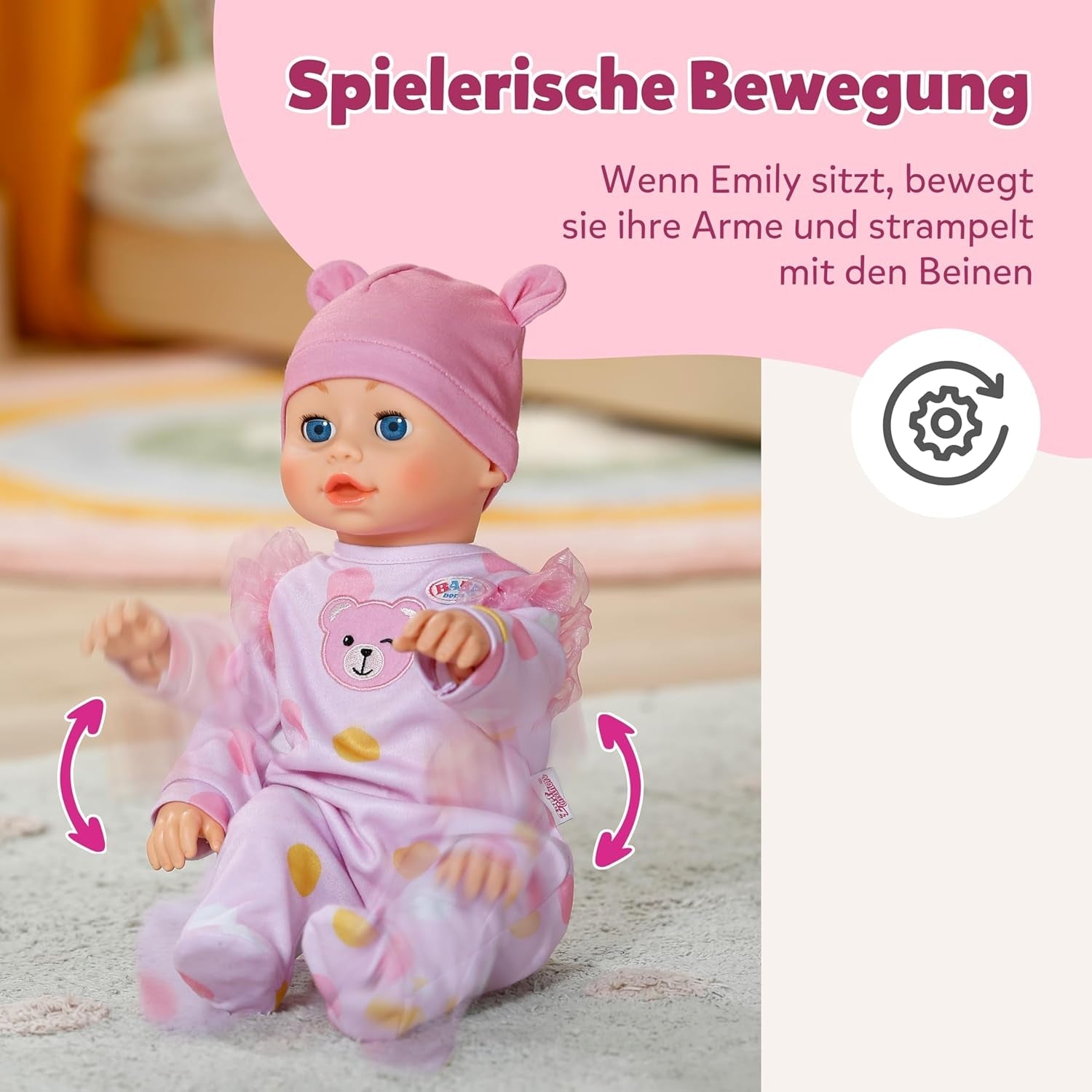 BABY Born Emily Lauf mit Mir - 43 cm Puppe mit elektronischen Funktionen - Krabbel- & Lauflernpuppe mit Soundfunktion - Inkl. rosa Strampler & Mütze - Geeignet für Kinder ab 3 Jahren