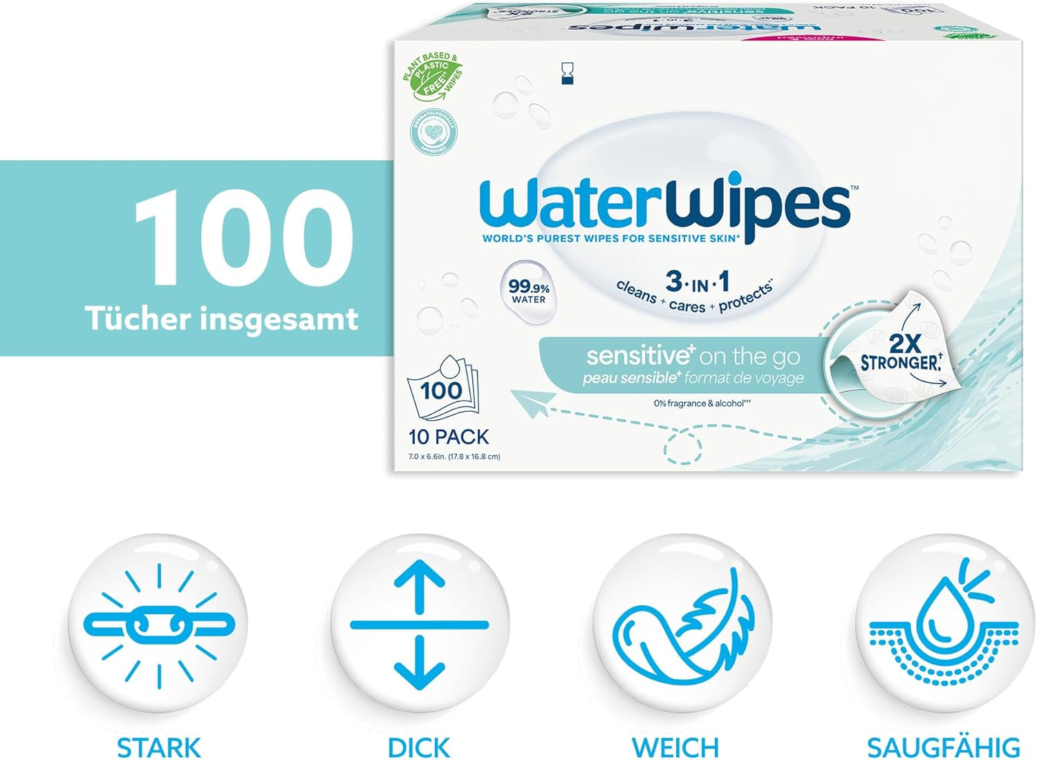 WaterWipes Sensitive+ On The Go Wet Wipes, 100 Wipes (10 Pack), 3 in 1 Cleans, Cares, Protects, 99.9% Water, Fragrance Free Wipes