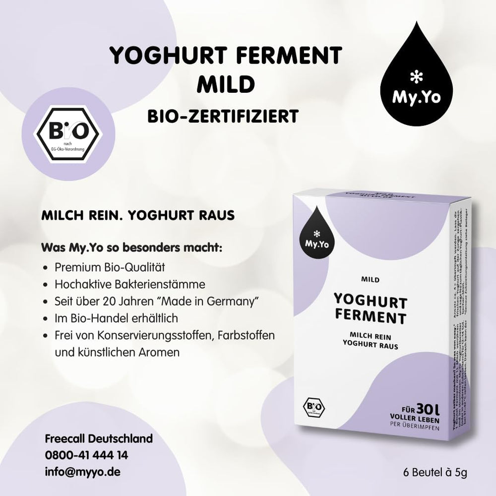 Bio Joghurtferment Mild | 6x5 gr | Joghurtkulturen für bis zu 30 L selbst gemachten mild Joghurt