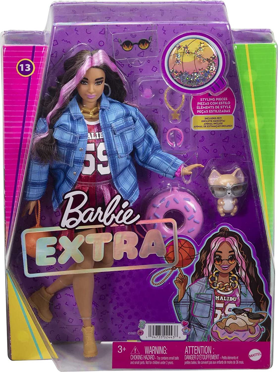 Barbie HDJ46 - Extra Doll in Dress with Basketball Jersey and Accessories, with Corgi Pet, Extra Long Curly Hair with Pink Streaks and Flexible Joints, Gift Toy for Kids 3+ Naty Shop Dolls