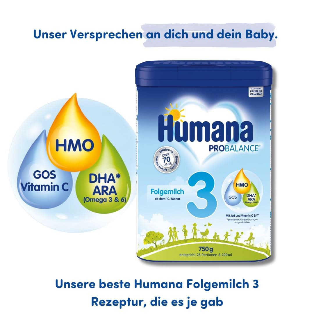 Humana PROBALANCE lapte de continuare 3, din luna a 10-a, hrana pentru bebelusi dupa alaptare, hrana initiala sau lapte de continuare 2, ideal pentru alimentatie suplimentara, 750 g Mama si Copilul Naty Shop