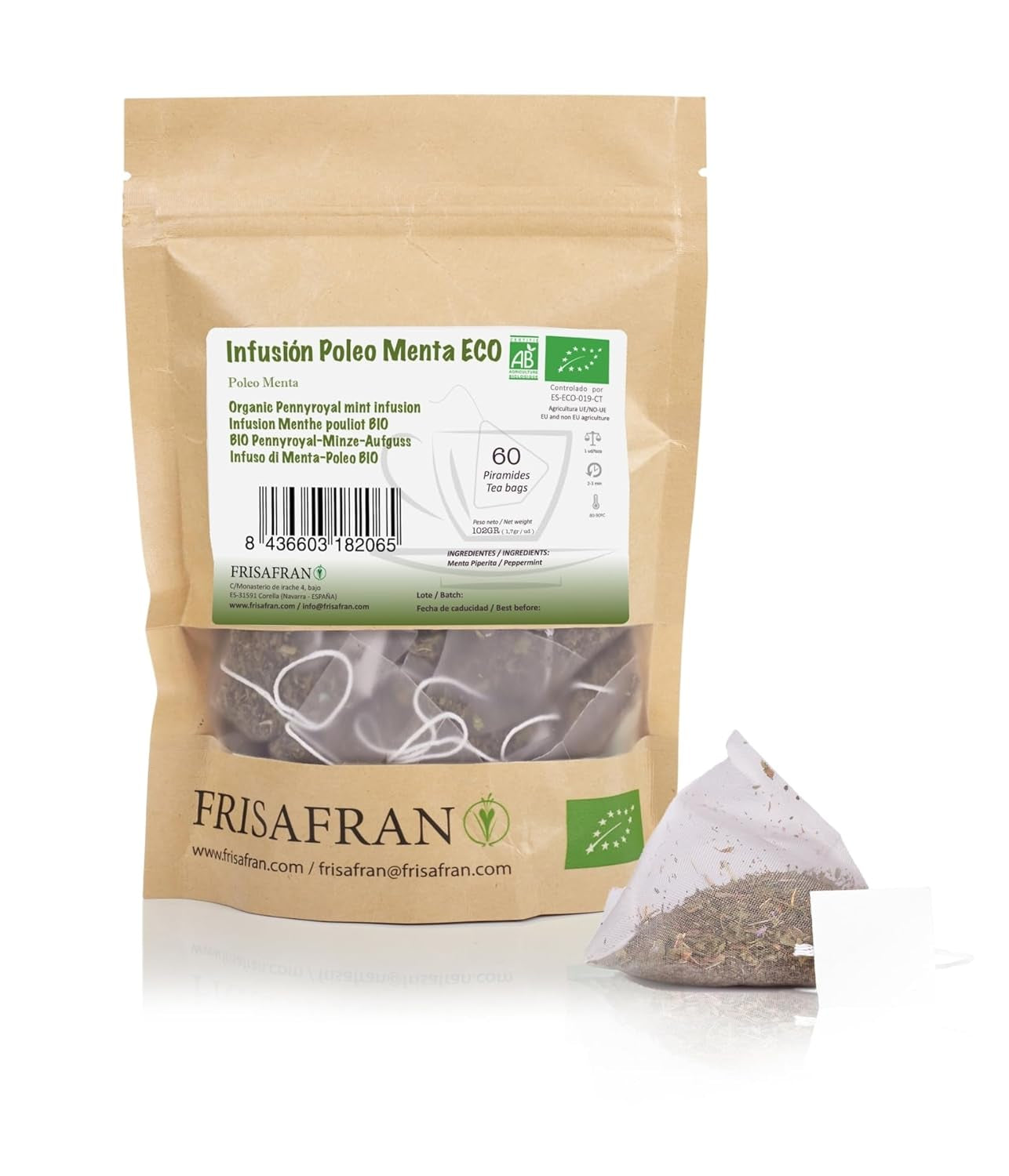 FRISAFRAN | Ceai verde organic Mint Gunpowder în piramide 30 unități | 60G | Antioxidant | Ceai verde japonez | Digestiv | Băutură răcoritoare | Infuzie de mentă | Ceai pur | Frunze de mentă | Cald-rece