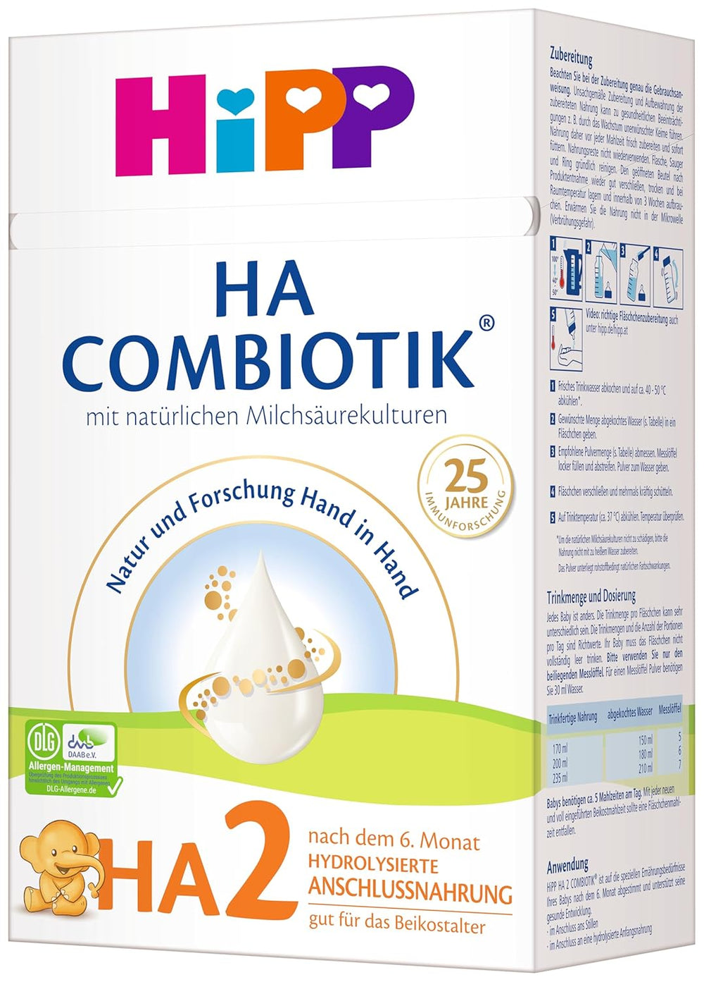 HiPP HA 2 Combiotik (4 x 600g) - Follow-up formula after 6 months, with natural cultures of lactic acid, valuable dietary fibers (GOS), Omega-3, hydrolyzed proteins for sensitive immune systems