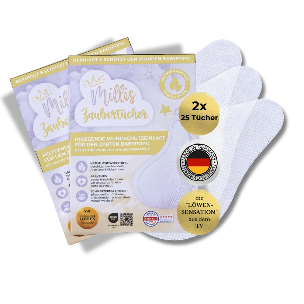 Millis Zaubertücher bei Windeldermatitis Baby, Bekannt aus "Die Höhle der Löwen", 25 Tücher (1 x 25er) mit Aloe Vera, Mandelöl & Q10 - Pflegt, Schützt & dient als Wundschutz bei gereizter Haut