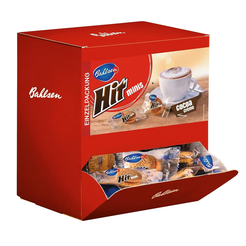 BAHLSEN Hit Minis 975 G - Display de tejghea cu aproximativ 150 de pachete porționate, mini biscuiți dubli cu umplutură delicioasă de cremă de cacao, ideali cu cafea, biscuiți cu ciocolată