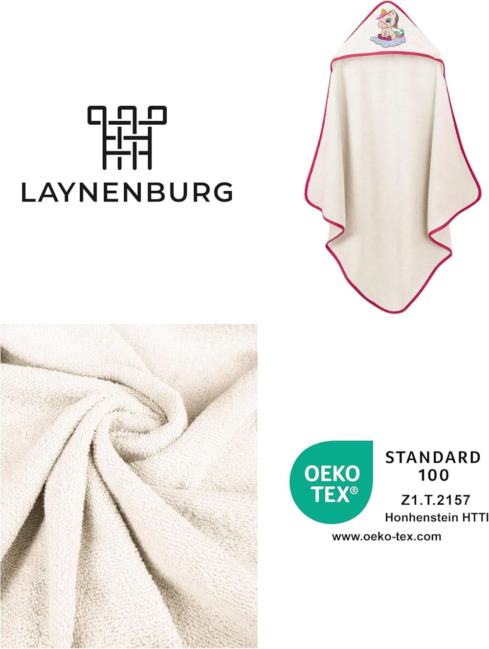 LAYNENBURG Hooded bath towel Premium Baby, 100% cotton - Oeko TEX, 80 x 80 cm Mother and Child Naty Shop