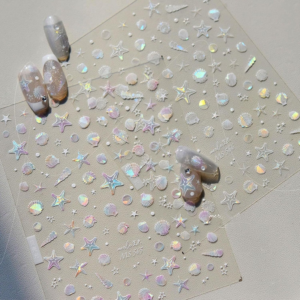 JMEOWIO 3D Nagelsticker Aurora Muschel Seestern Nail Art Sticker Selbstklebend Nagelaufkleber 5D Stereoskopisch Ozean Thema Dekoration Nageldesign Zubehör 1 Blatt