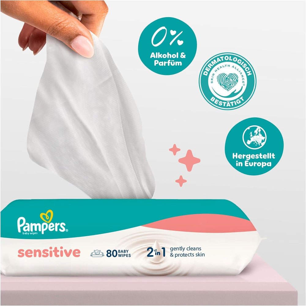 Pampers Sensitive Baby Wipes, 15 Pack of 80 Wipes, 1200 Baby Wipes, 2-in-1 Gentle Cleansing and Skin Protection