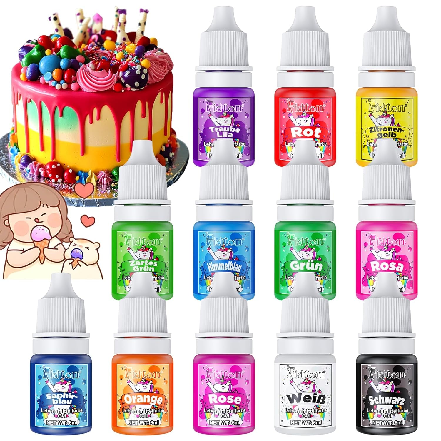 Colorant alimentar gel - Fidton 7 culori colorant alimentar foarte concentrat, decorațiuni comestibile pentru tort pentru fondant, colorant alimentar pentru colorarea ouălor, gogoșilor, macaroanelor - 10 ml