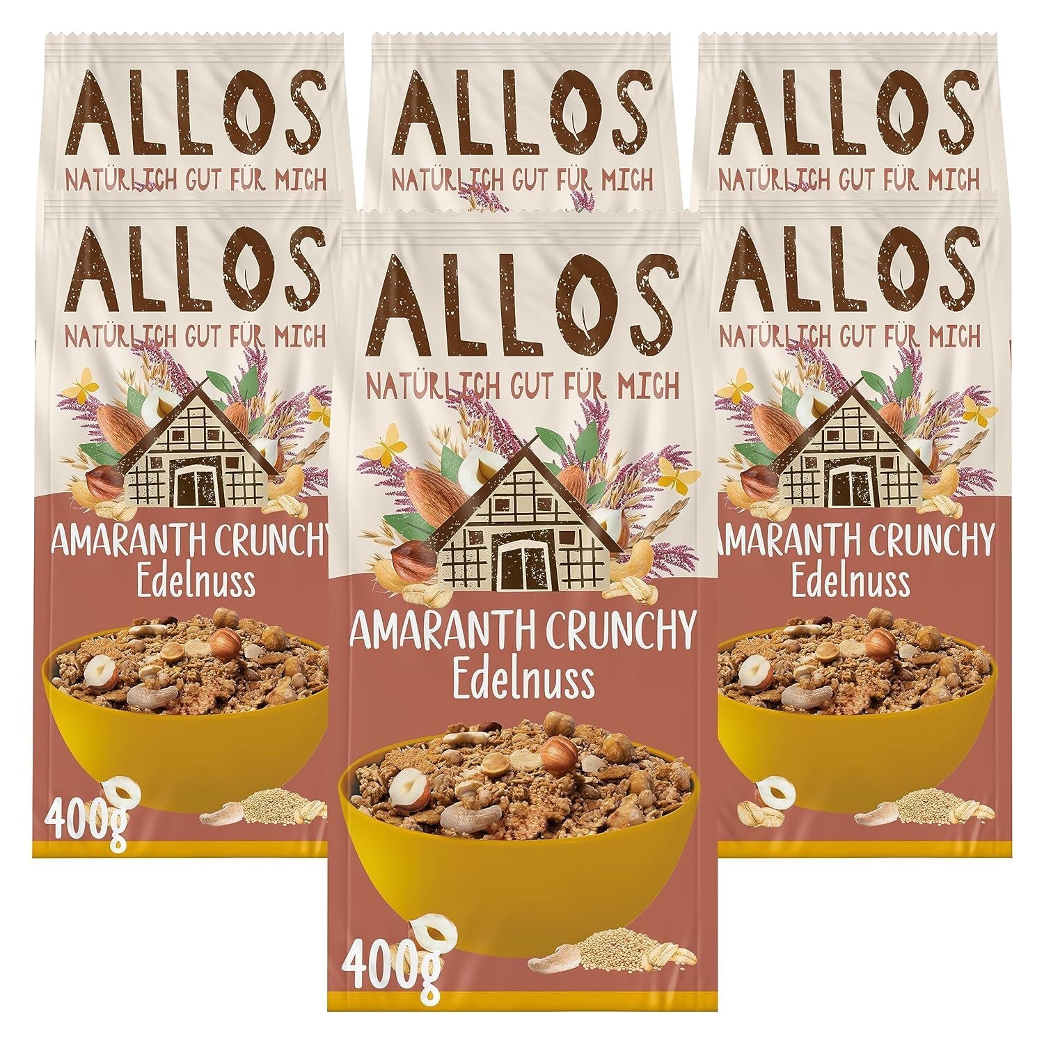 Premium crunchy muesli with walnuts and amaranth Allos | Organic Muesli | Muesli with nuts | Oatmeal | Cereals for breakfast | Vegan | Pack of 6 (6 x 400g)