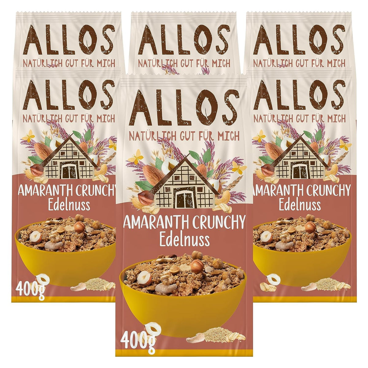 Premium crunchy muesli with walnuts and amaranth Allos | Organic Muesli | Muesli with nuts | Oatmeal | Cereals for breakfast | Vegan | Pack of 6 (6 x 400g)