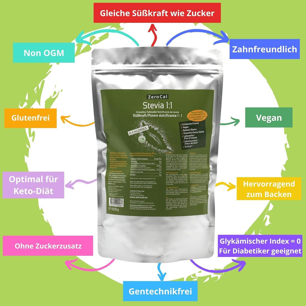Stevia 1:1 (Erythrit - Stevia) - Natürlicher Zuckerersatzstoff, 1000 G Sweeteners Naty Shop
