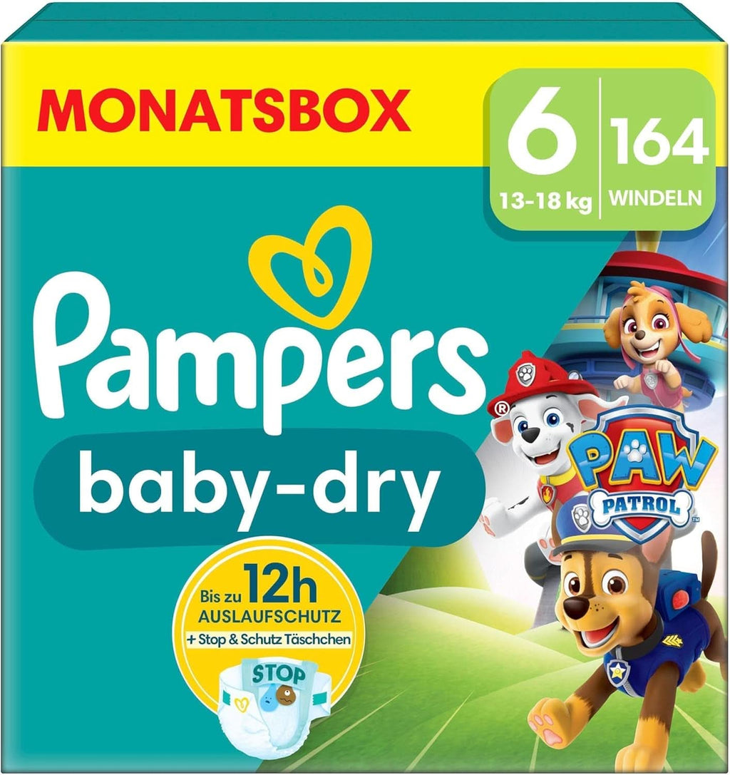 Pampers Paw Patrol (Baby-Dry), scutece mărimea 6 (13Kg-18Kg), ediție limitată, 164 de scutece, protecție completă împotriva scurgerilor până la 12H Mama si Copilul Naty Shop 6 (164 buc)
