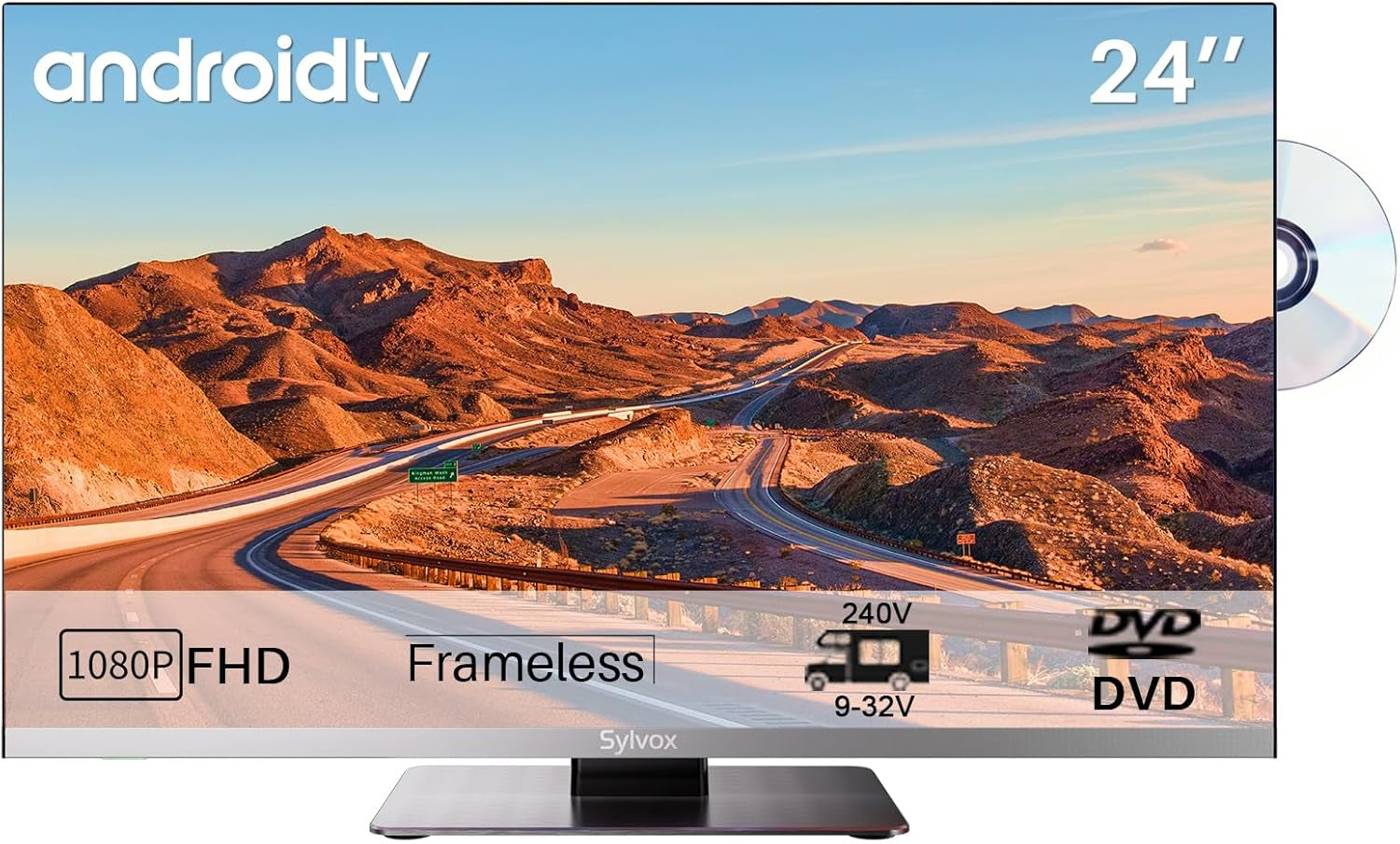 Televizor SYLVOX de 12 volți, televizor de camping de 22 de inci, televizor inteligent Android 1080P cu player DVD integrat, tuner triplu WiFi Bluetooth alimentat DC/AC fără ramă pentru autorulote, camioane, caravane, autoutilitare și bărci