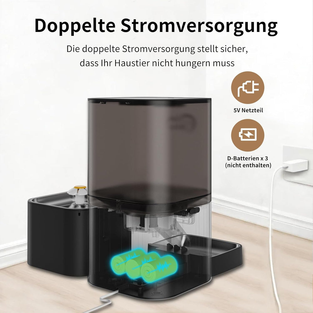 2-in-1-Automatik-Futter- und Wasserspender für Katzen, großvolumiger 6-Liter-Trockenfutterspender + 2.5-Liter-Wasserspender mit App-Steuerung, Sprachauzeichnung, zeitgesteuwerter Fütterung