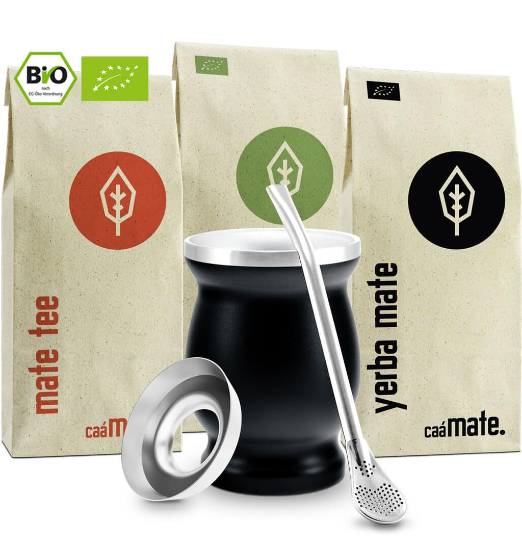 Set de ceai Mate Bio ● 3 sortimente de mate + cană Mate din oțel inoxidabil cu pereți dubli + Bombilla + instrucțiuni de preparare (negru)