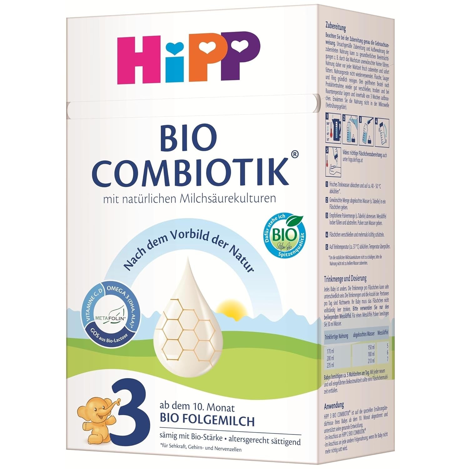 HiPP 3 Organic Combiotik (4 x 600g), follow-on milk from 10 months, with natural cultures of lactic acid, vitamins C and D, GOS, Omega-3 (DHA, ALA), of the best organic quality