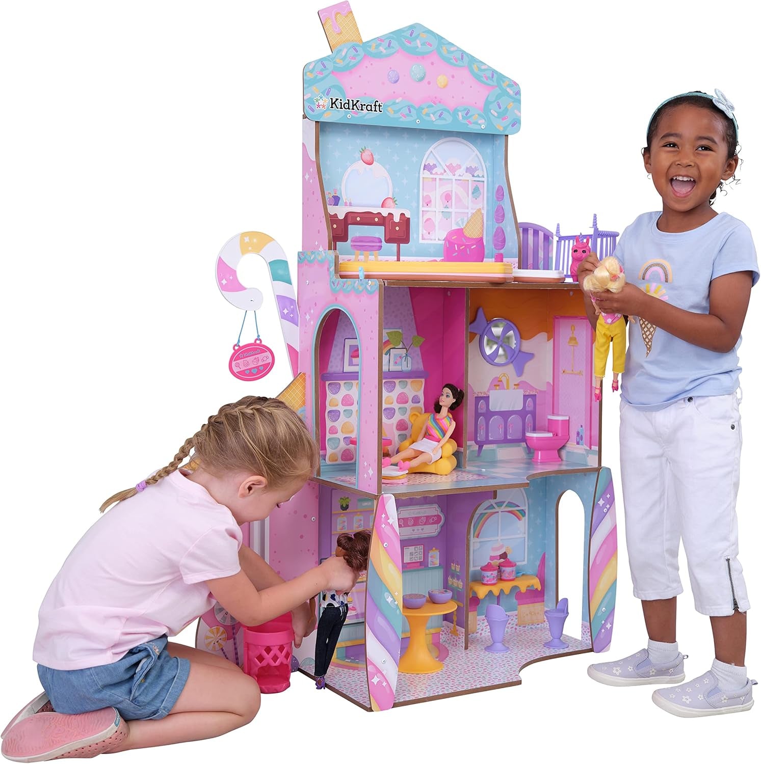 KidKraft Casă de păpuși din lemn, Castel cu bomboane, cu mobilier și accesorii, Casă cu figurină lamă unicorn, lift cornet de înghețată și scaun ursuleț gumat pentru păpuși, Jucărie pentru copii de la 3 ani în sus, 20242