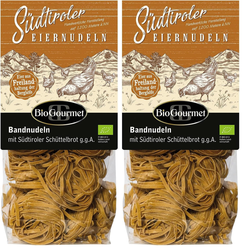 BioGourmet ribbon noodles with Schüttelbrot from South Tyrol (PGI) | Salted and flavored egg noodles with genuine speck from South Tyrol | 1 x 250g Bio