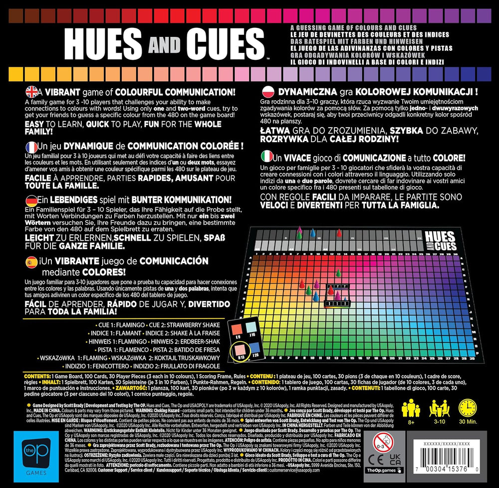 The OP | Hues and Cues multilingual board game in German for the whole family | Party game for 3-10 players | Animated color guessing game | Connect clues from 480 colored squares
