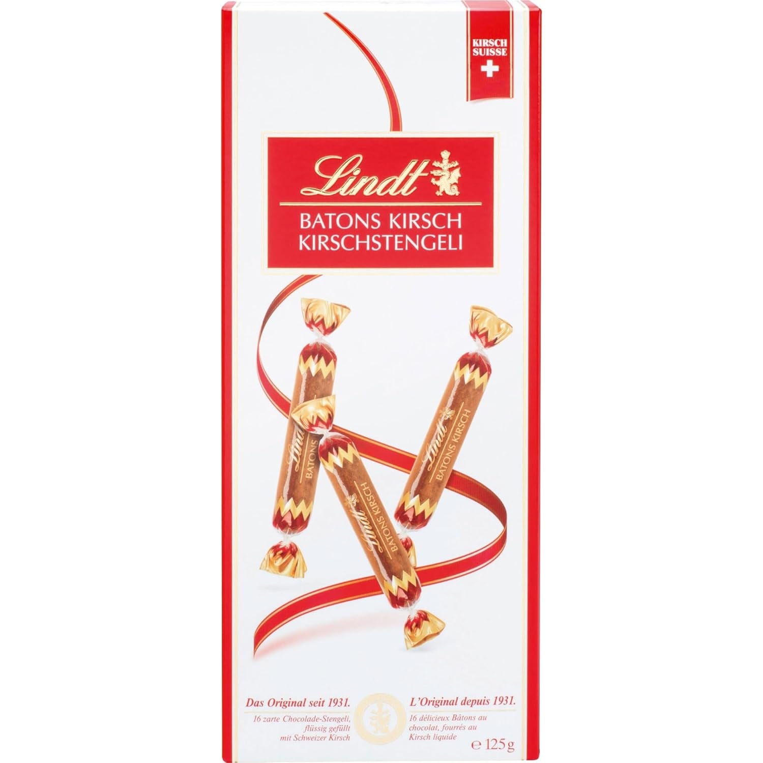 Lindt Chocolate Bars with Cherry Stems | 250 g 32 Swiss Cherry Liquid Filled Milk Chocolate Bars | Gift of chocolate with alcohol | Chocolate gift