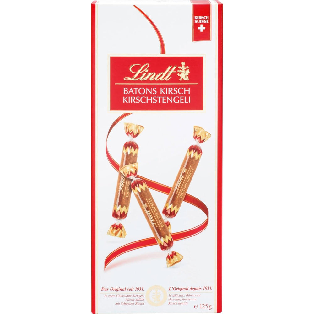 Lindt Chocolate Bars with Cherry Stems | 250 g 32 Swiss Cherry Liquid Filled Milk Chocolate Bars | Gift of chocolate with alcohol | Chocolate gift