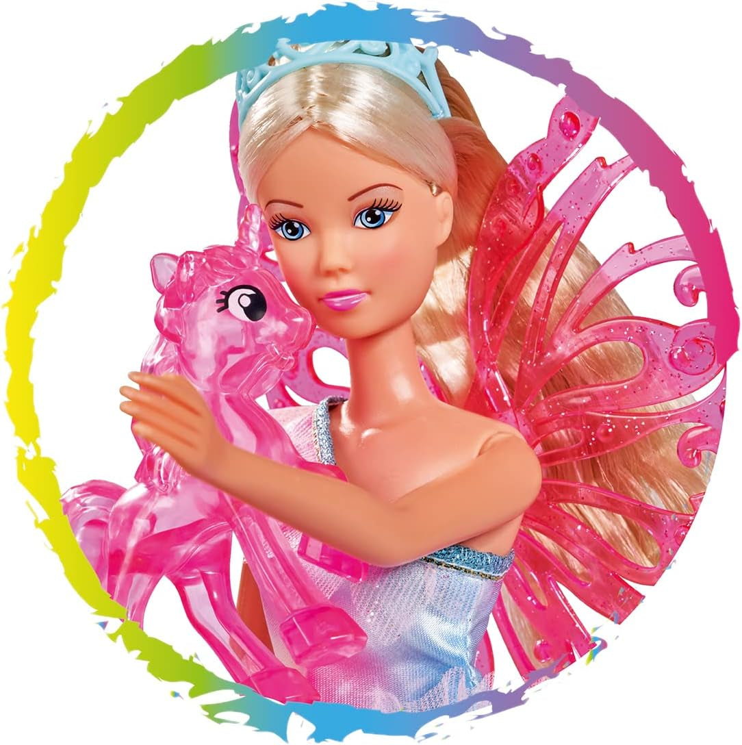 Simba 105733587 - Steffi Love Unicorn Fairy, Ankleidepuppe als Fee mit abnehmbaren Flügeln, mit Einhorn, 29cm Puppe trägt EIN Bezauberndes Pastell Glitzerkleid, ab 3 Jahren