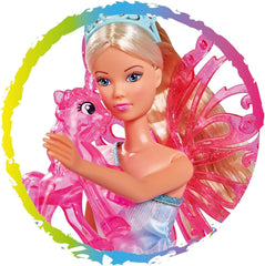 Simba 105733587 - Steffi Love Unicorn Fairy, Ankleidepuppe als Fee mit abnehmbaren Flügeln, mit Einhorn, 29cm Puppe trägt EIN Bezauberndes Pastell Glitzerkleid, ab 3 Jahren