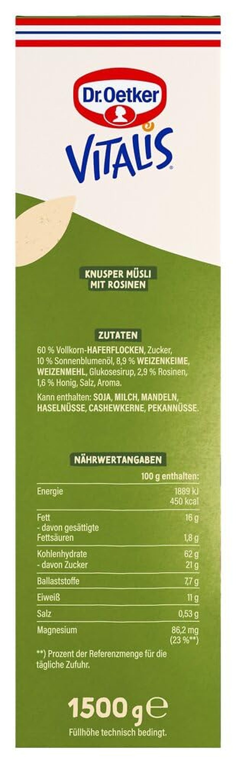 Dr. Oetker Vitalis Classic Crispy Muesli: Large Pack of Crispy Breakfast Muesli with Raisins, 1 Pack, 1.5kg