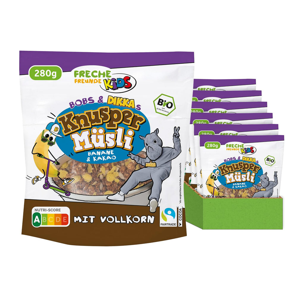 FRECHE FREUNDE KIDS, Bobs & DIKKAs Crunchy Banana Cocoa Muesli, Crunchy Chocolate Muesli for Kids, Low Sugar, No Additives, 100% Vegan, 6 Pieces (6 x 280g)