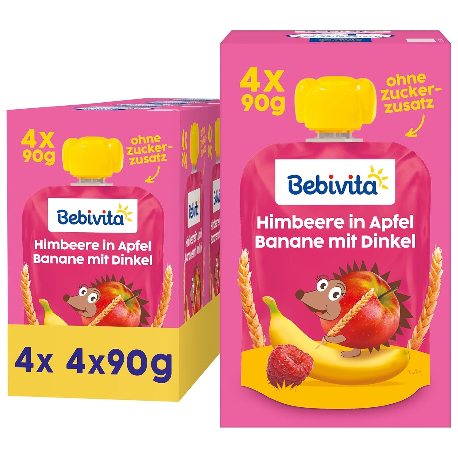 Fruit, raspberry, apple, banana and spelled squeezable sachets - 16 pieces (pack of 4, 4 x 90g each), no added sugar, made from soft fruit and wholesome grains, ideal for take-away snacks and self-consumption