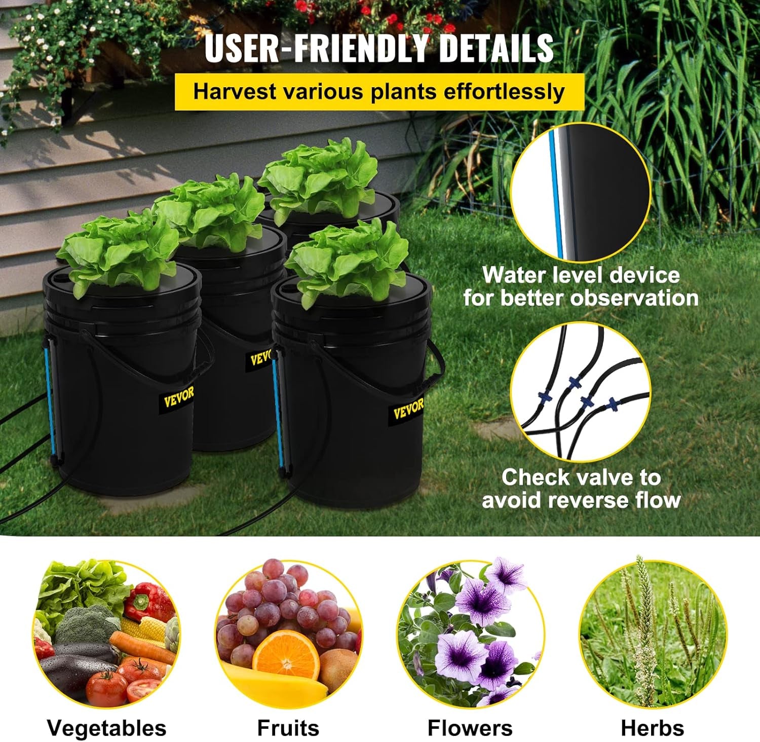 VEVOR DWC Hydroponic Grow System, Hydroponic Grow Systems, Deep Water Cultivation 4 20 Liter Buckets, DWC System with Air Pump, Air Stones and Water Level Indicator for Leafy Vegetables