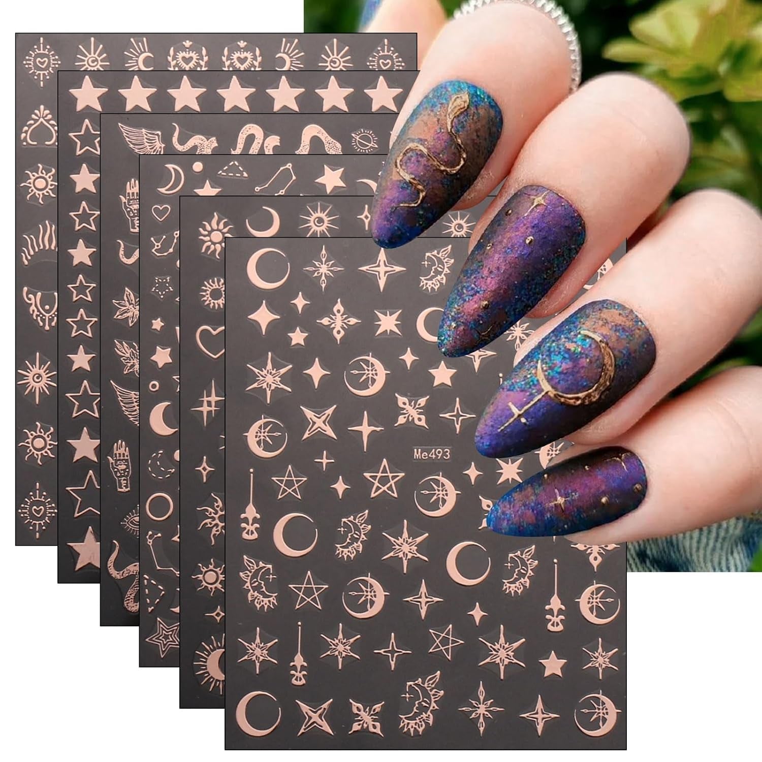 JMEOWIO Nagelsticker Mond Stern 10 Blatt Nail Art Sticker Selbstklebend Nagelaufkleber Roségold Dekoration Nageldesign Zubehör
