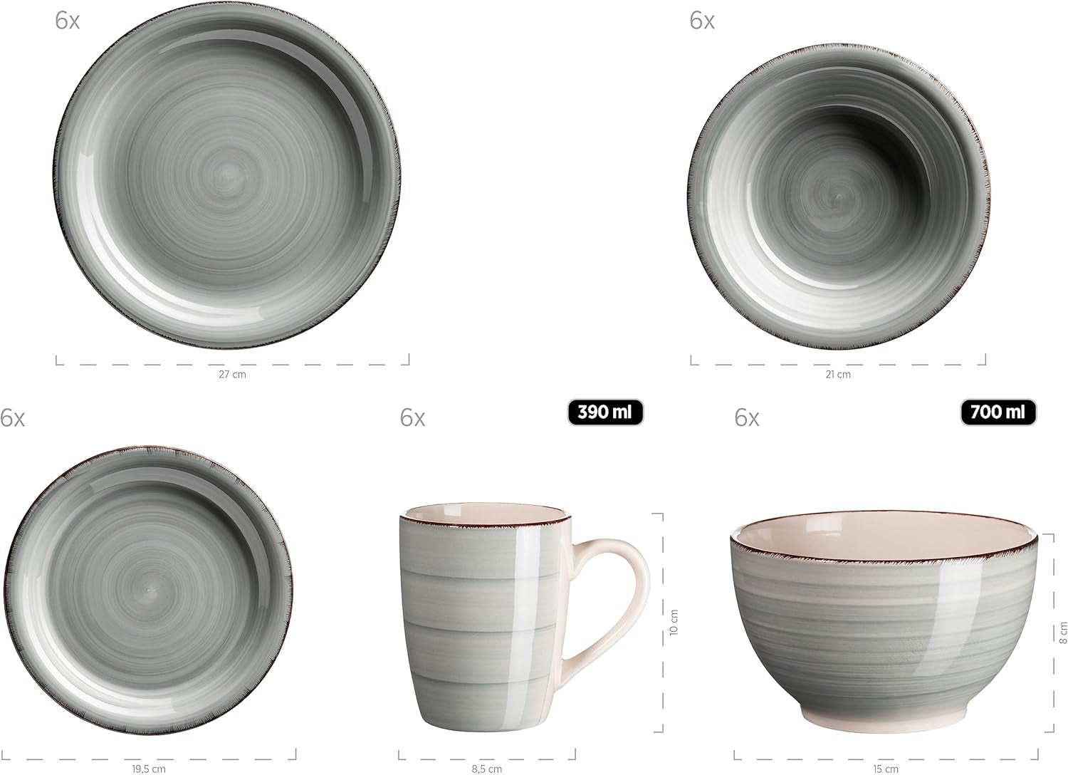 MÄSER 931612 Bel Tempo II set de veselă vintage pentru 6 persoane, 30 de piese, serviciu combinat din ceramică pictată manual în albastru, gresie, albastru fumuriu