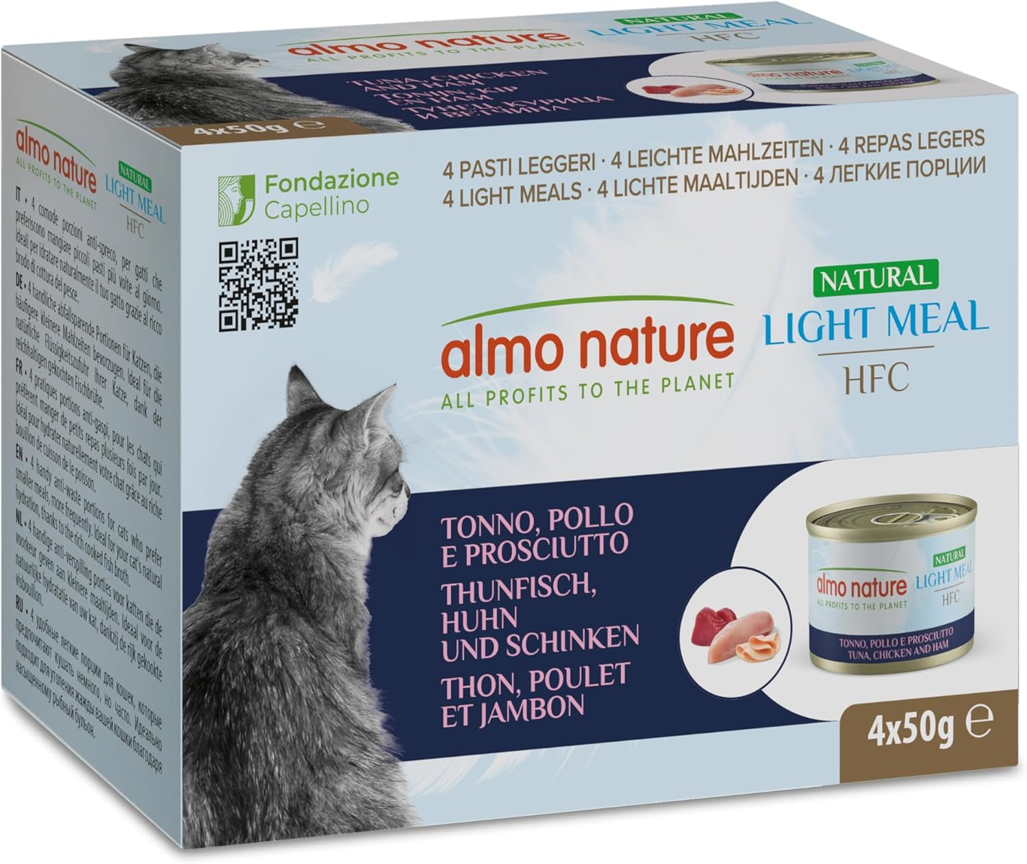 Almo Nature HFC Natural Light Meal - Nassfutter für Katzen - Thunfisch, Huhn & Schinken - Human-Grade, Glutenfrei - 50g, 4er Pack
