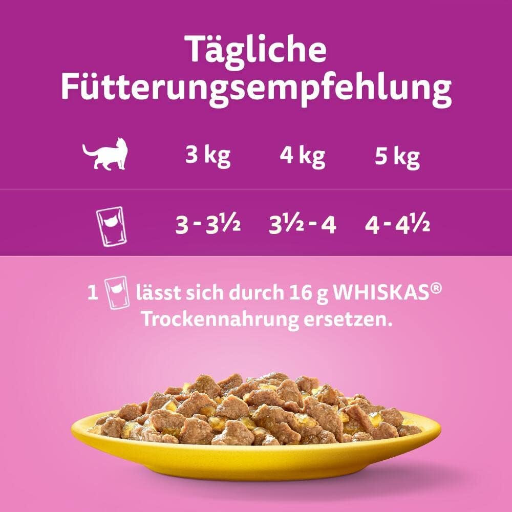 Hrană umedă Whiskas 1+ pentru pisici cu pui în jeleu, 28x85g (1 pachet) – Hrană umedă de înaltă calitate pentru pisici adulte în pliculețe cu 28 de porții