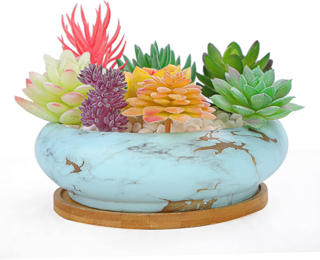Ghivece mari pentru plante suculente cu farfurioare din bambus, jardiniere ceramice pentru cactus de 18,5 cm, ghivece rotunde pentru flori, recipiente pentru bonsai pentru grădină, birou, decorare birou