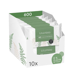 Șervețele umede LILLYDOO verzi, 600 bucăți (10 x 60), șervețel 100% fără plastic, rezistent la rupere - fără parfum, delicate și naturale, curățare delicată pentru pielea sensibilă, testate dermatologic