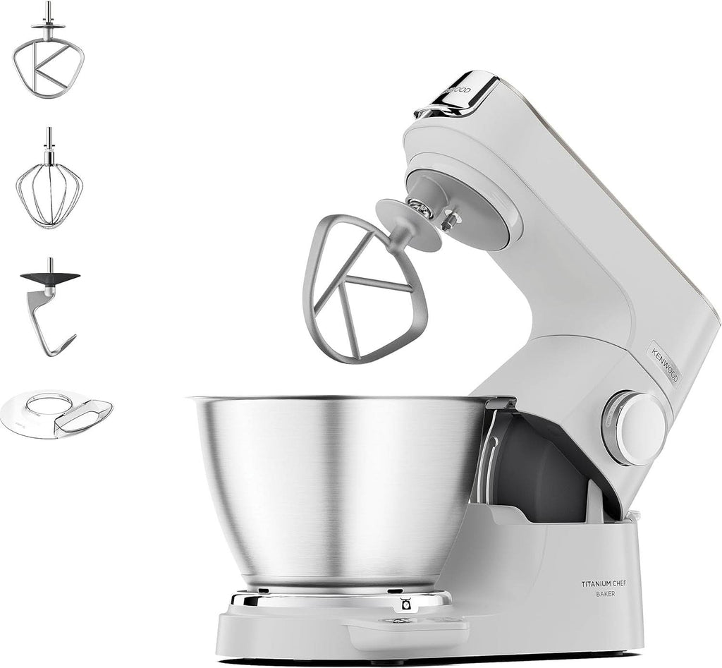 Kenwood Titanium Chef Baker KVC65.001WH, Küchenmaschine Mit Integrierter Waage, 1200 Watt, Inkl. 3-Teiligem Patisserie-Set, Spatel & Spritzschutz, Weiß Mama si Copilul Naty Shop Weiß Chef Baker