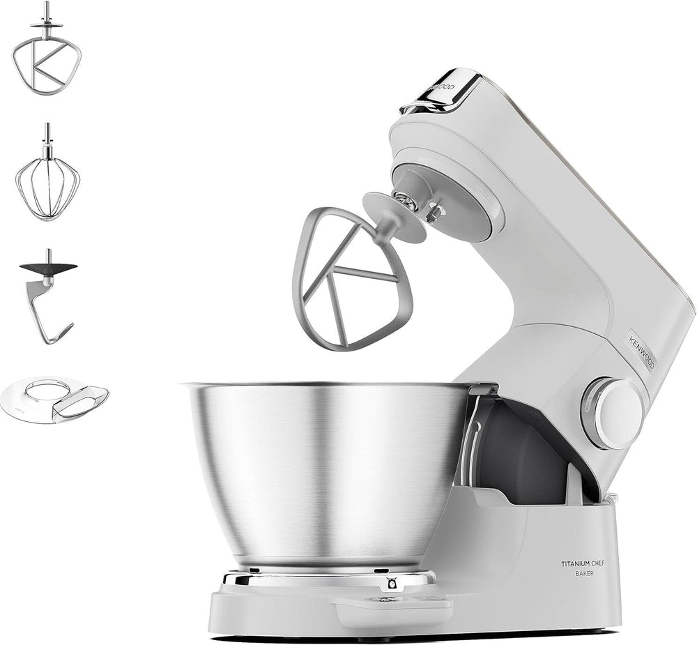 Kenwood Titanium Chef Baker KVC65.001WH, Küchenmaschine Mit Integrierter Waage, 1200 Watt, Inkl. 3-Teiligem Patisserie-Set, Spatula & Spritzschutz, Weiß Mother and Child Naty Shop Weiß Chef Baker