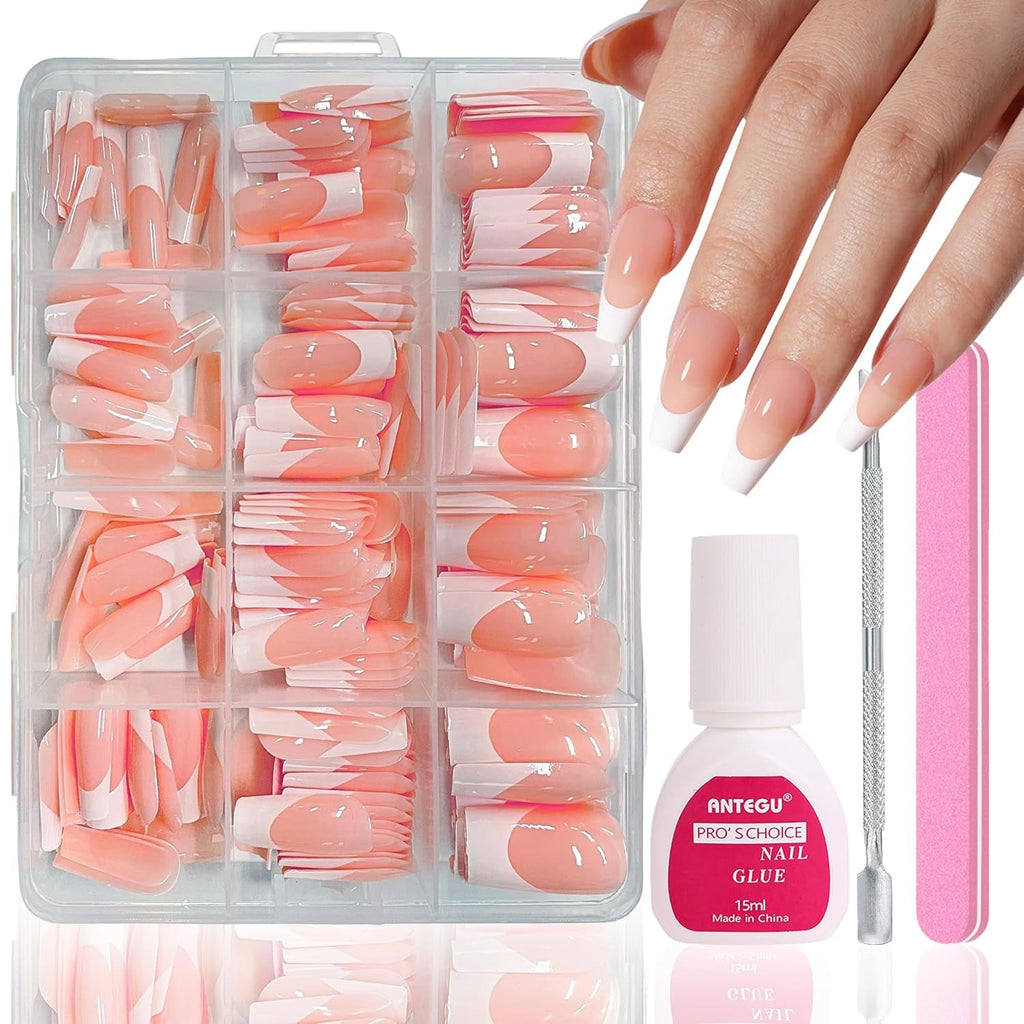 Set unghii false - 240 bucăți unghii scurte și pătrate, model gel moale, gradient alb nud, unghii false artificiale naturale pentru lipire, pentru femei DIY (gradient nud, 240X)