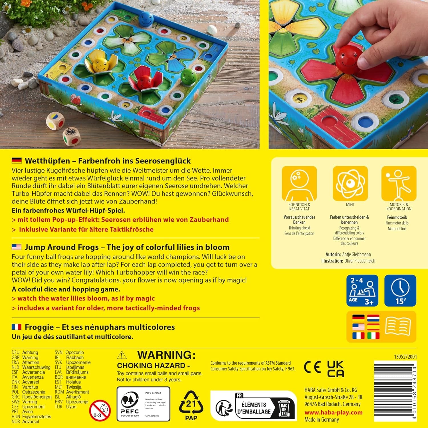 HABA Jumping Game - Dice Game for Ages 3 and Up with Pop-Up Water Lilies and Game Variations, Promotes Counting and Motor Skills, 2-4 Players - 1305272001