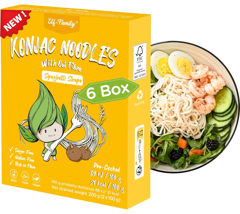 Premium Konjac Noodles from Thailand, Vegan, Gluten Free - 240g x Pack of 6 (12 Packs), Elf-Family Shirataki Noodles, Instant Noodles, Pasta/Keto/Low Carb/Low Calorie/Sugar Free - Spaghetti and Fettuccine