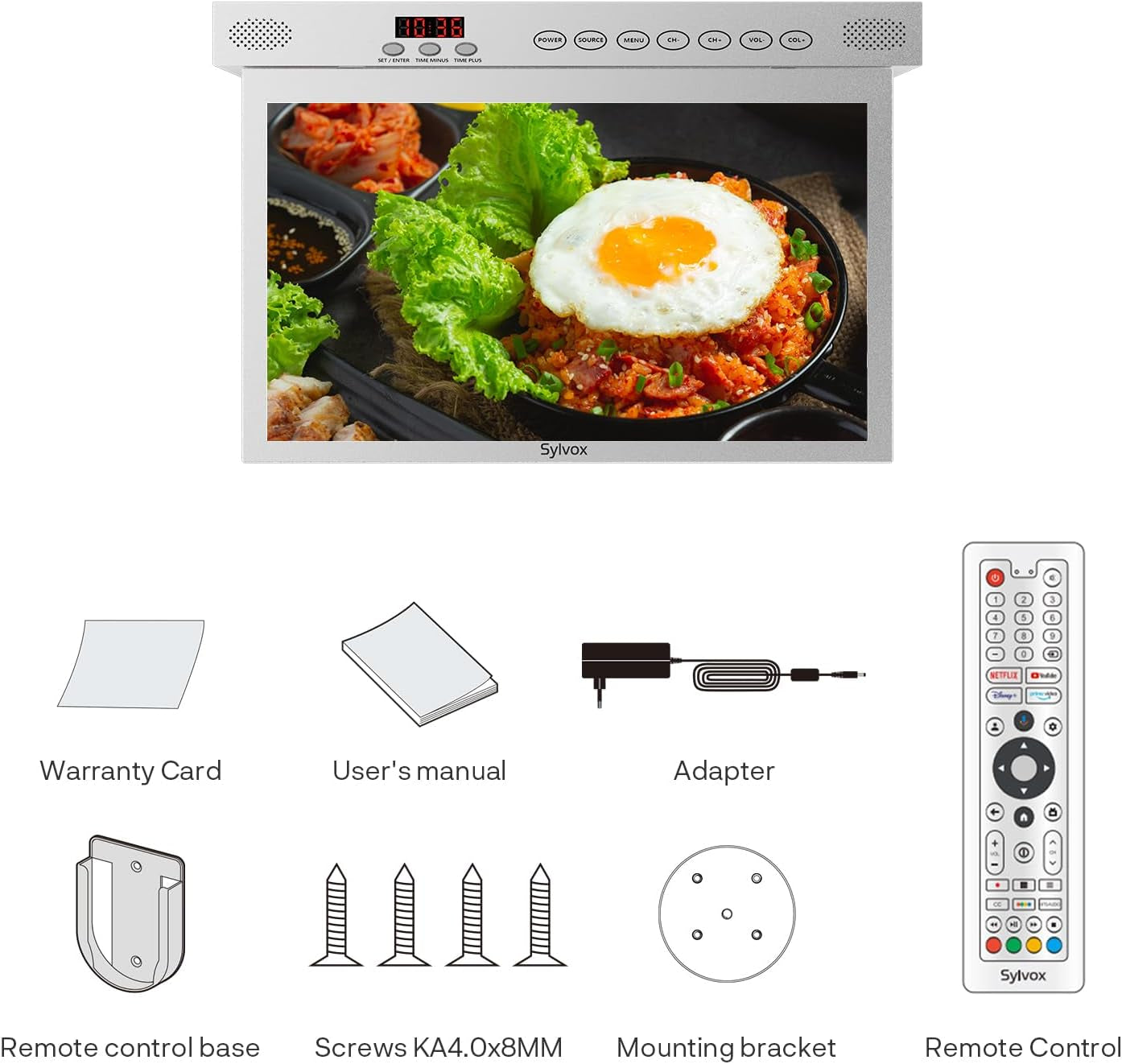 SYLVOX Televizor de bucătărie de 15,6 inci, televizor pliabil pentru bucătărie cu pivotare, suport Google TV WiFi Bluetooth, Smart TV 1080P pentru bucătărie, dormitor, autorulotă, iaht (argintiu)