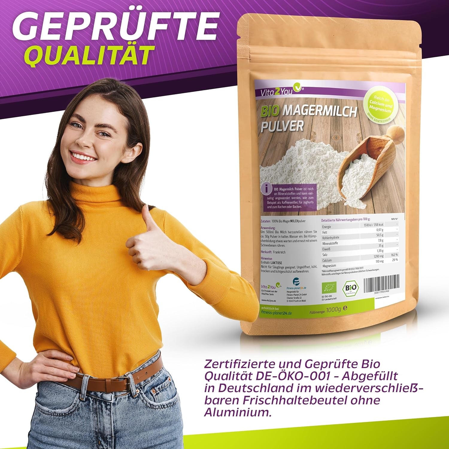 Vita2You Bio Skimmed Milk Powder 1000g - 100% Bio Qualität - for baking - Kaffeeweißer - Milchpulver für Joghurts - 1kg - Premium Qualität