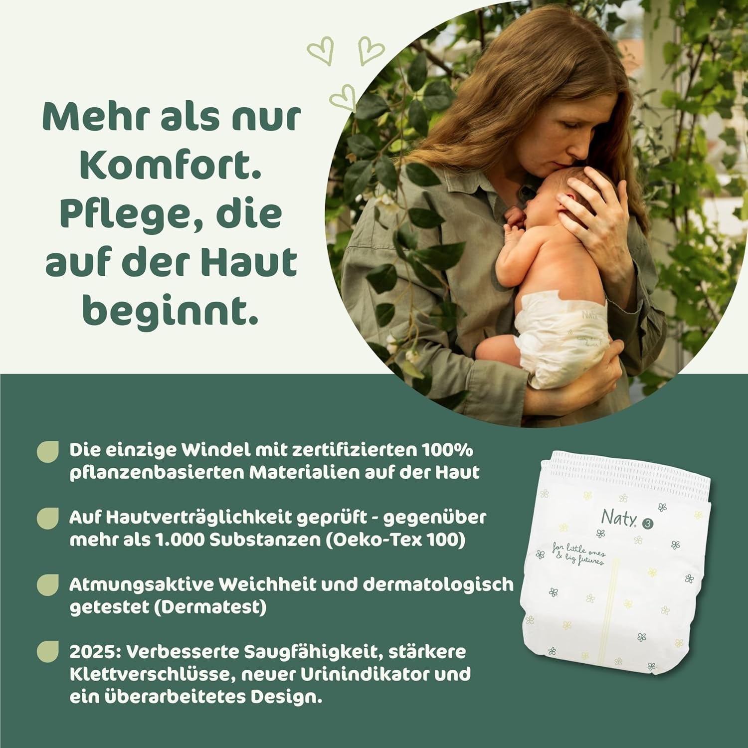 Naty BioEmbrace Baby Diapers, Size 3 (4–9 kg) | 100% plant-based materials, gentle on the skin | Breathable softness, dermatologically tested, excellent absorption | 100 pcs.
