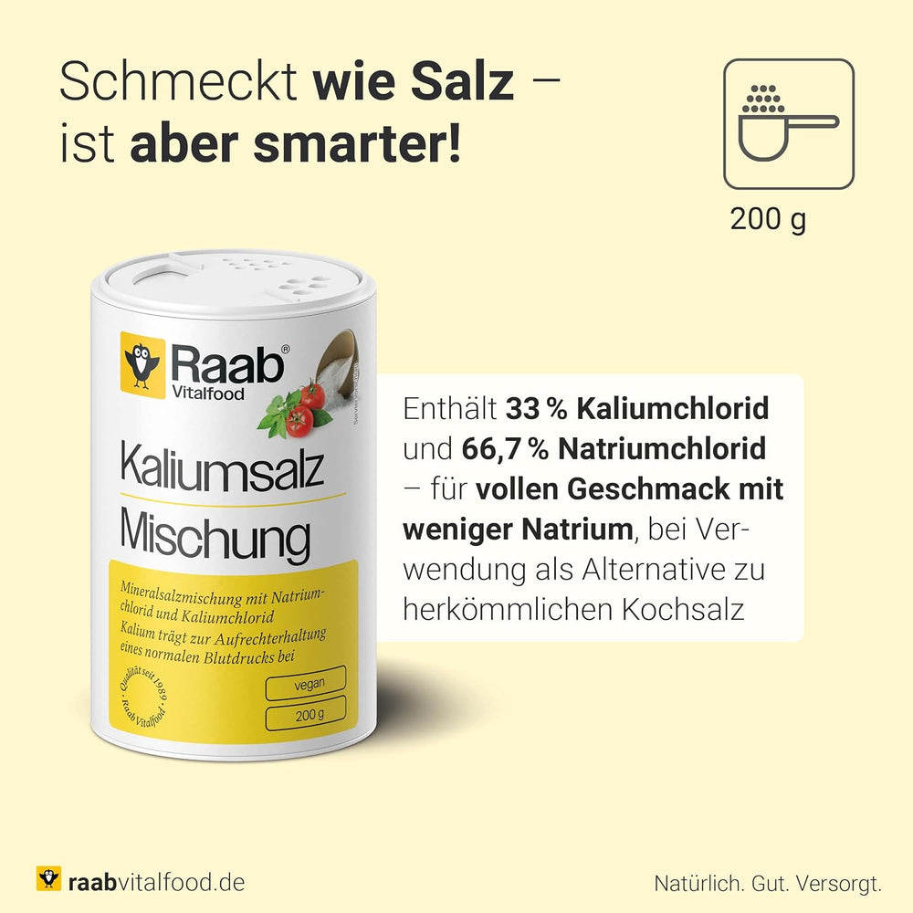 Raab Vitalfood Kalium salt-Mischung, Mineralsalzmischung mit 66.7% Natriumchlorid (Kochsalz) und 33% Kaliumchlorid, Kalium trägt zur Aufrechterhaltung eines normalen Blutdruck bei (1 x 200 g Dose)
