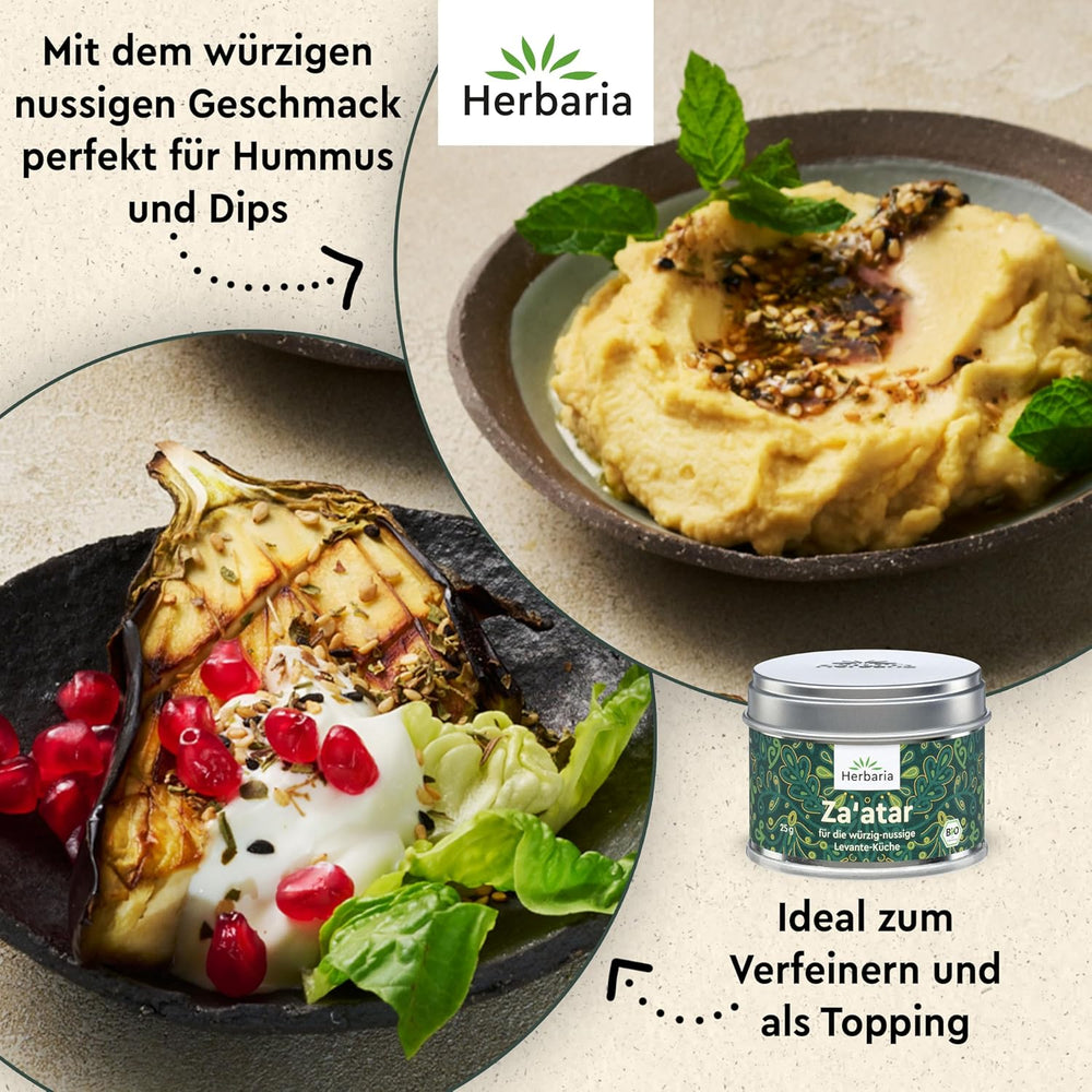 Herbaria Za'atar bio 25g S-Dose – Zaatar Gewürz, Zaatar Gewürz - oriental Organic-Gewürmischung für Gerichte der Levante Küche - mit erlesenen Ingredient - in nachhaltiger Aromaschutz-Dose
