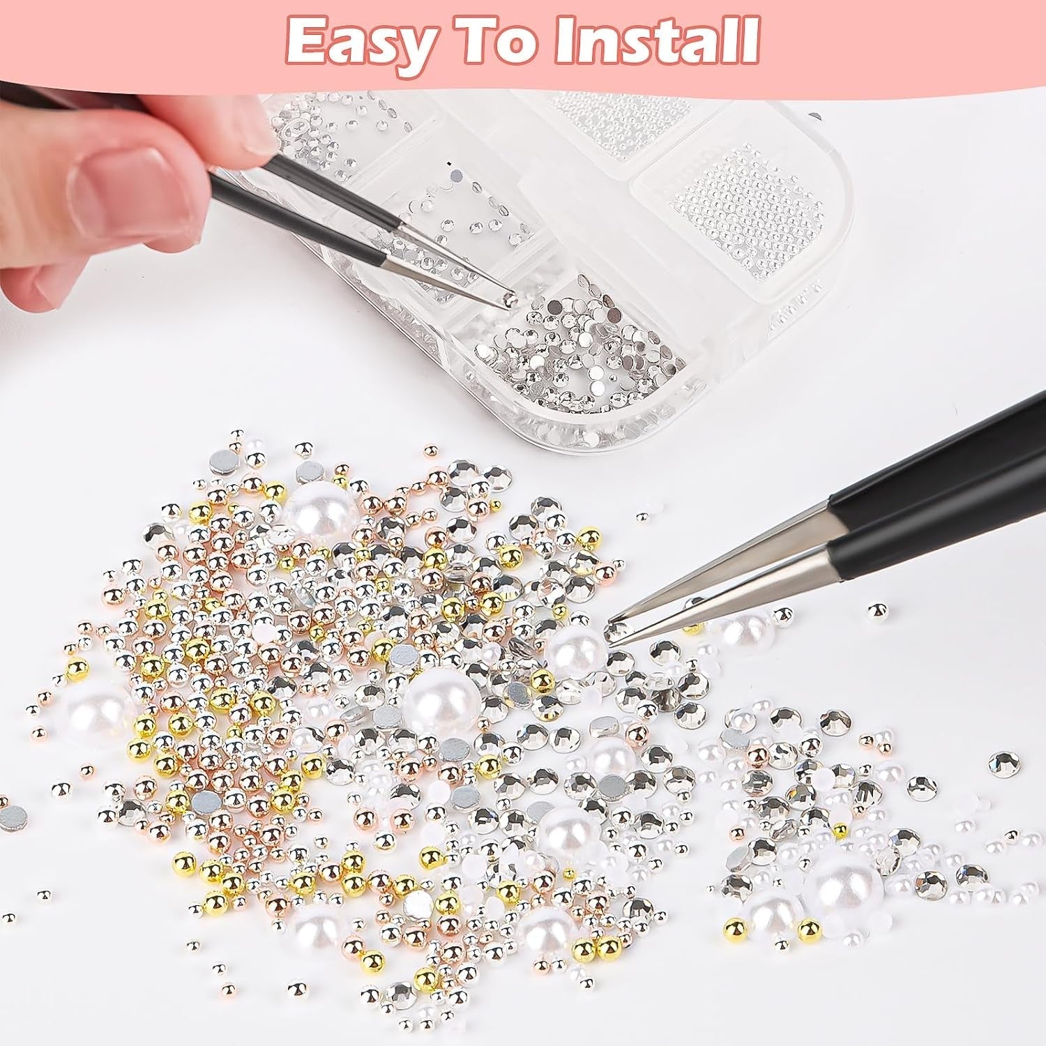 2 Boxen Nail Art Strasssteine, Mit Pinzette Nägel Flatback Perlen Nail Charms Mit Kristallen Nagelzubehör Diamanten Edelstahl-Perlen Für Nagelschmuck